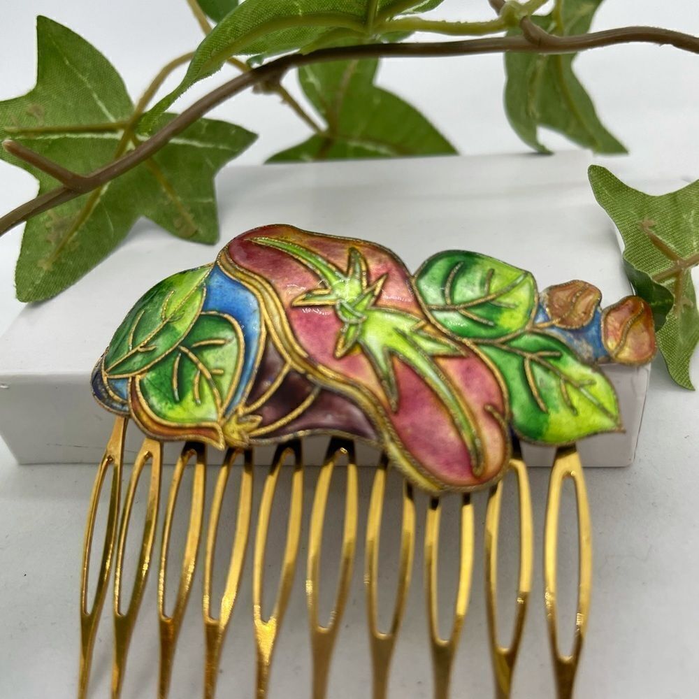 Vintage Cloisonné Enamel Floral Hair Comb 80s - Picture 3 of 14